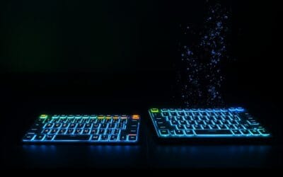 Illustration IA : deux claviers lumineux comparant Cursor et GitHub Copilot