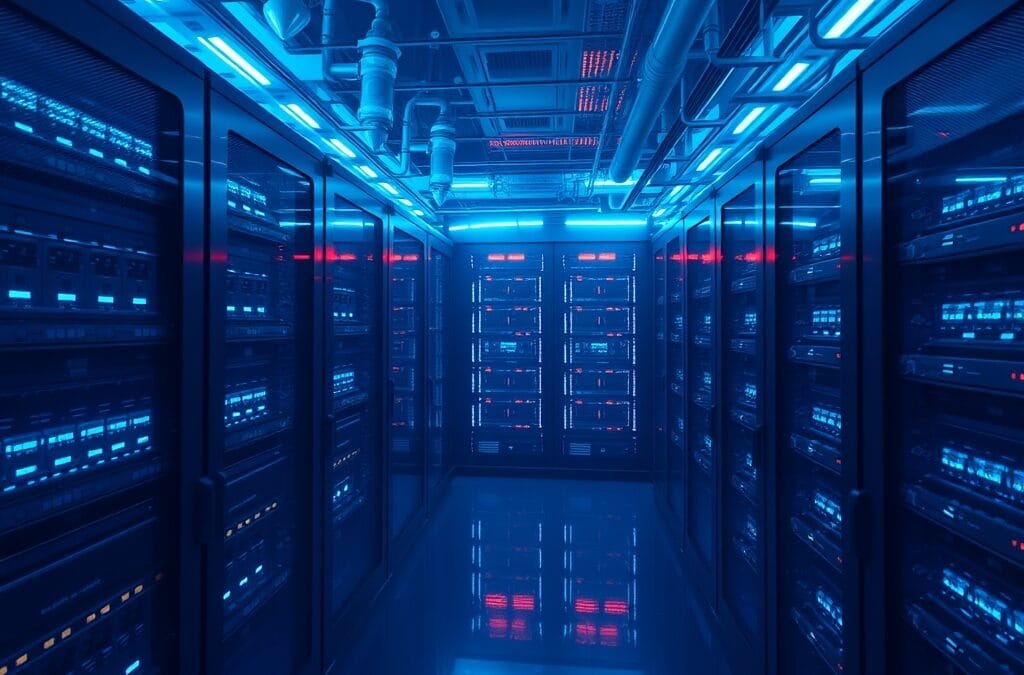 a futuristic underwater data center with glowing blue server racks submerged in deep ocean water with bioluminescent elements, cinematic editorial photography, deep blue and cyan neon palette, no text no letters no words no writing no signs no labels no watermarks no logos no typography no numbers on surfaces