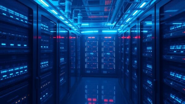 a futuristic underwater data center with glowing blue server racks submerged in deep ocean water with bioluminescent elements, cinematic editorial photography, deep blue and cyan neon palette, no text no letters no words no writing no signs no labels no watermarks no logos no typography no numbers on surfaces