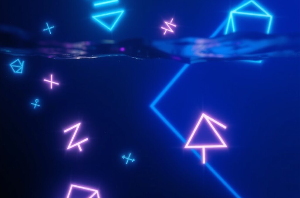 an abstract deep ocean scene with glowing mathematical symbols and geometric shapes floating in dark blue water, cinematic editorial photography, deep blue and cyan with purple accents, no text no letters no words no writing no signs no labels no watermarks no logos no typography no numbers on surfaces