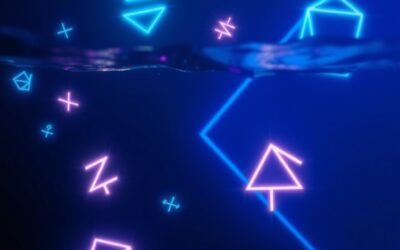 an abstract deep ocean scene with glowing mathematical symbols and geometric shapes floating in dark blue water, cinematic editorial photography, deep blue and cyan with purple accents, no text no letters no words no writing no signs no labels no watermarks no logos no typography no numbers on surfaces