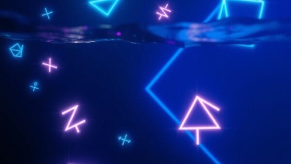 an abstract deep ocean scene with glowing mathematical symbols and geometric shapes floating in dark blue water, cinematic editorial photography, deep blue and cyan with purple accents, no text no letters no words no writing no signs no labels no watermarks no logos no typography no numbers on surfaces