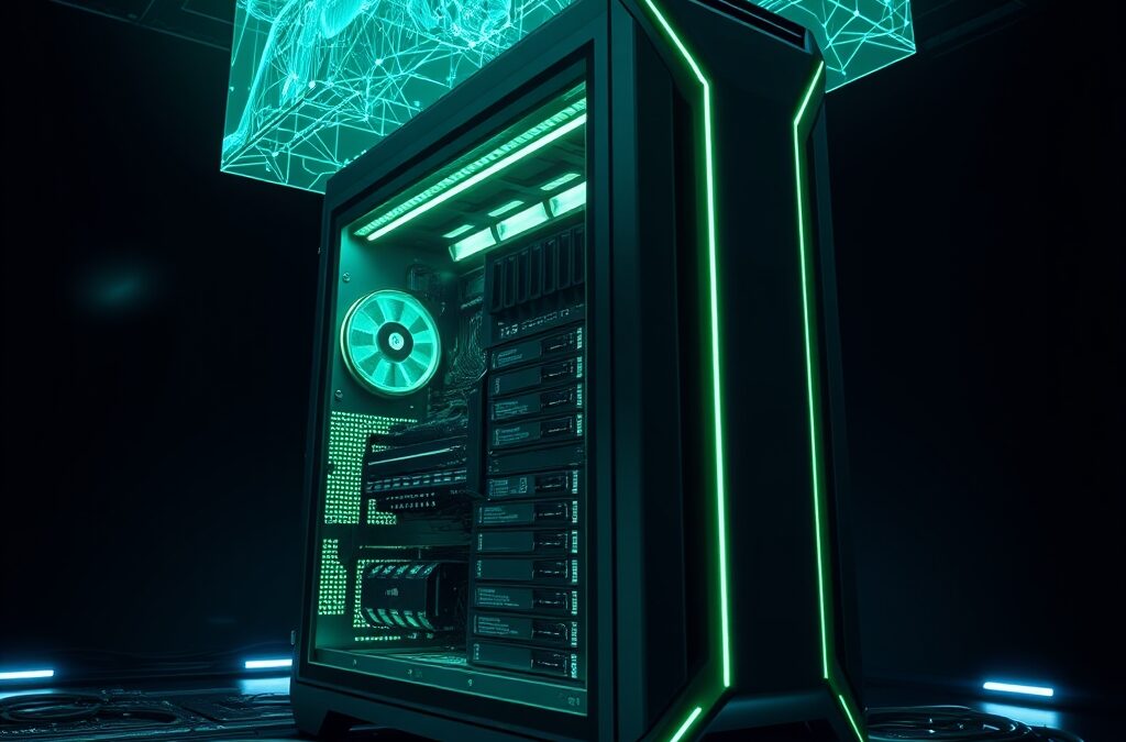 A massive futuristic desktop workstation tower glowing with emerald green and electric blue light, holographic neural network projections floating above the machine, detailed macro circuit board textures, server room environment with fiber optic cables, cinematic editorial photography, dark background with dramatic rim lighting, no text, no letters, no words, no writing, no signs, no labels, no watermarks, no logos, no typography, no numbers on surfaces
