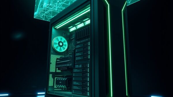 A massive futuristic desktop workstation tower glowing with emerald green and electric blue light, holographic neural network projections floating above the machine, detailed macro circuit board textures, server room environment with fiber optic cables, cinematic editorial photography, dark background with dramatic rim lighting, no text, no letters, no words, no writing, no signs, no labels, no watermarks, no logos, no typography, no numbers on surfaces