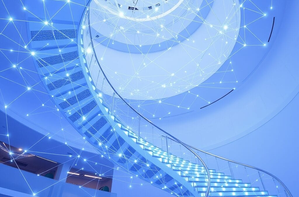 architecture distribuée brillante avec nœuds connectés en réseau bleu-blanc, escaliers de déploiement ascendants, code flottant en spirale, boussole d&rsquo;infrastructure, cinematic editorial, no text no letters no words no writing no signs no labels no watermarks no logos no typography no numbers on surfaces