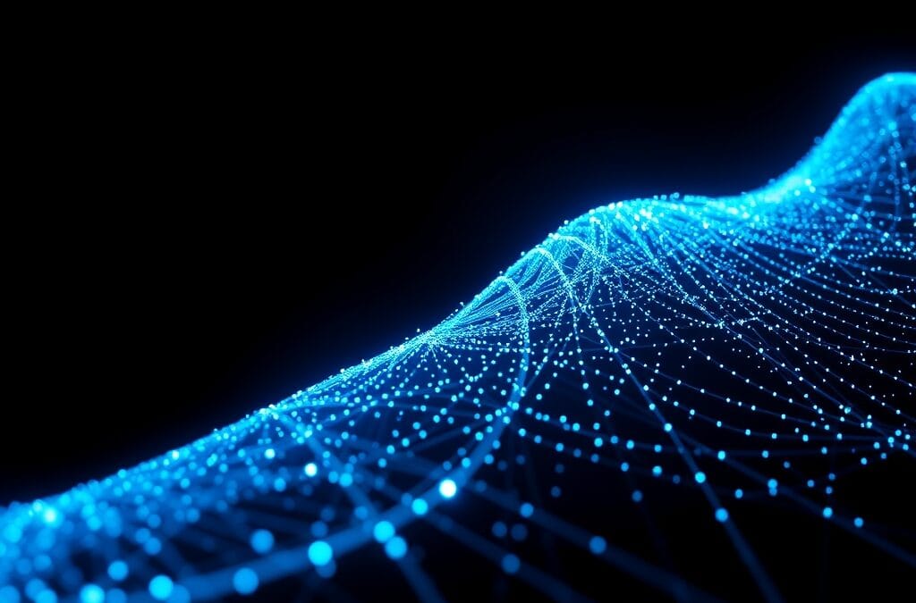 exponential curve made of blue light particles ascending through dark space, network connections radiating outward, data flow visualization without numbers, cinematic editorial photography, no text no letters no words no writing no signs no labels no watermarks no logos no typography no numbers on surfaces