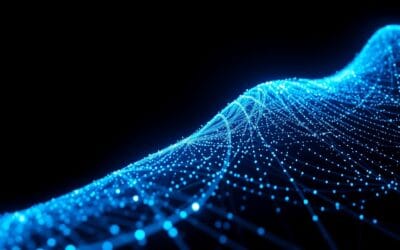 exponential curve made of blue light particles ascending through dark space, network connections radiating outward, data flow visualization without numbers, cinematic editorial photography, no text no letters no words no writing no signs no labels no watermarks no logos no typography no numbers on surfaces