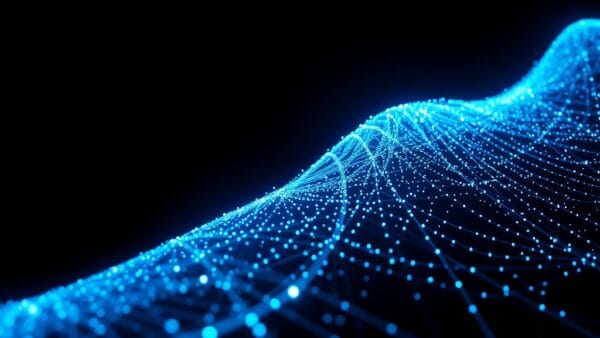 exponential curve made of blue light particles ascending through dark space, network connections radiating outward, data flow visualization without numbers, cinematic editorial photography, no text no letters no words no writing no signs no labels no watermarks no logos no typography no numbers on surfaces