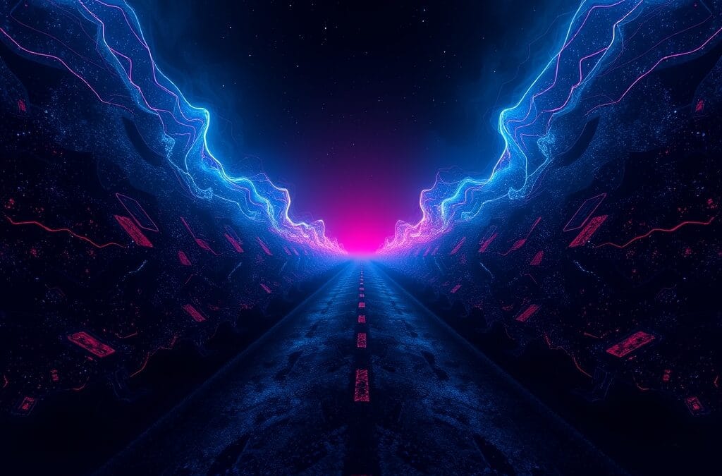 Opinion: chemins divergents rose profond et bleu nuit, polarité abstraite humaine digitale, pas de texte, pas de logos, pas de mots