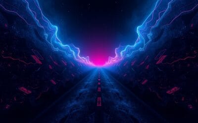 Opinion: chemins divergents rose profond et bleu nuit, polarité abstraite humaine digitale, pas de texte, pas de logos, pas de mots