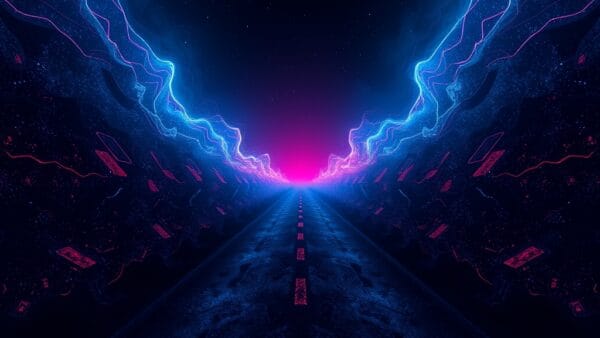 Opinion: chemins divergents rose profond et bleu nuit, polarité abstraite humaine digitale, pas de texte, pas de logos, pas de mots