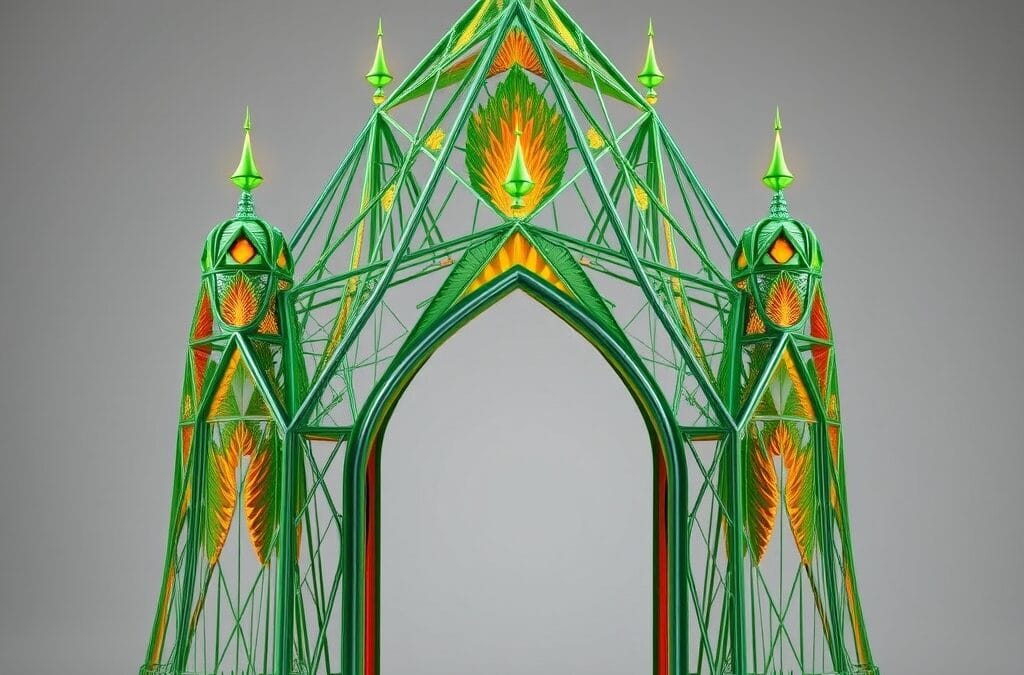 Opinion: forteresse métallique vert émeraude et orange feu, architectures tentaculaires, pas de texte, pas de logos, pas d&rsquo;écritures