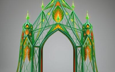 Opinion: forteresse métallique vert émeraude et orange feu, architectures tentaculaires, pas de texte, pas de logos, pas d&rsquo;écritures