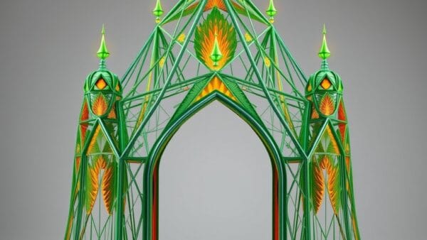 Opinion: forteresse métallique vert émeraude et orange feu, architectures tentaculaires, pas de texte, pas de logos, pas d&rsquo;écritures