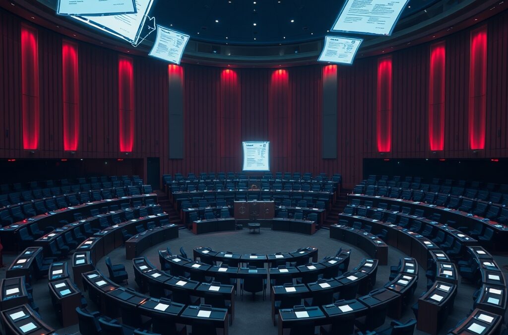 a grand European parliament hemicycle with holographic AI regulation documents floating above empty seats dramatic lighting, cinematic editorial photography, rose deep and blue night palette, no text no letters no words no writing no signs no labels no watermarks no logos no typography no numbers on surfaces