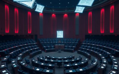 a grand European parliament hemicycle with holographic AI regulation documents floating above empty seats dramatic lighting, cinematic editorial photography, rose deep and blue night palette, no text no letters no words no writing no signs no labels no watermarks no logos no typography no numbers on surfaces
