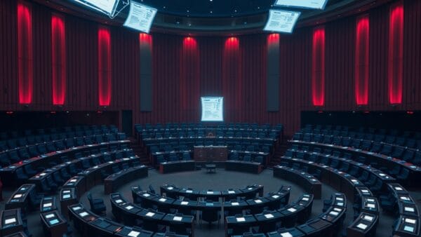 a grand European parliament hemicycle with holographic AI regulation documents floating above empty seats dramatic lighting, cinematic editorial photography, rose deep and blue night palette, no text no letters no words no writing no signs no labels no watermarks no logos no typography no numbers on surfaces