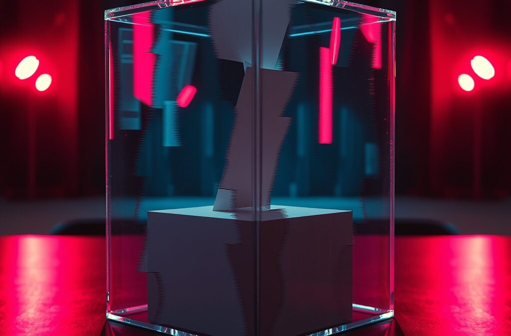 a fractured ballot box with digital glitch effects and distorted reflections representing democratic manipulation, cinematic editorial photography, rose deep and blue night palette, no text no letters no words no writing no signs no labels no watermarks no logos no typography no numbers on surfaces