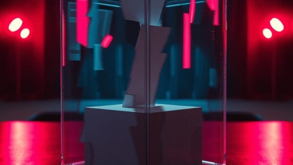 a fractured ballot box with digital glitch effects and distorted reflections representing democratic manipulation, cinematic editorial photography, rose deep and blue night palette, no text no letters no words no writing no signs no labels no watermarks no logos no typography no numbers on surfaces