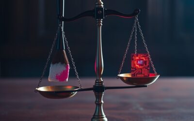 a scales of justice balancing a paintbrush on one side and a glowing AI circuit on the other in a dramatic courtroom, cinematic editorial photography, rose deep and blue night palette, no text no letters no words no writing no signs no labels no watermarks no logos no typography no numbers on surfaces