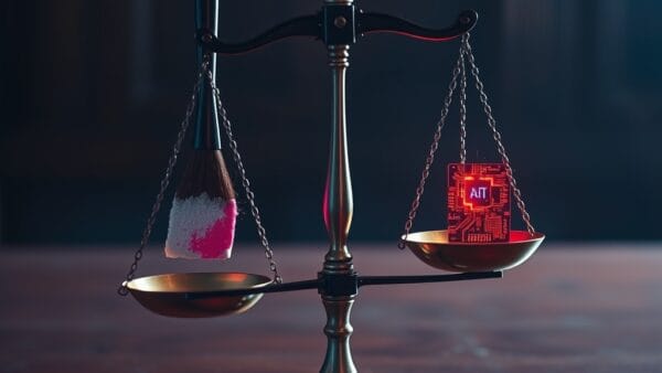 a scales of justice balancing a paintbrush on one side and a glowing AI circuit on the other in a dramatic courtroom, cinematic editorial photography, rose deep and blue night palette, no text no letters no words no writing no signs no labels no watermarks no logos no typography no numbers on surfaces