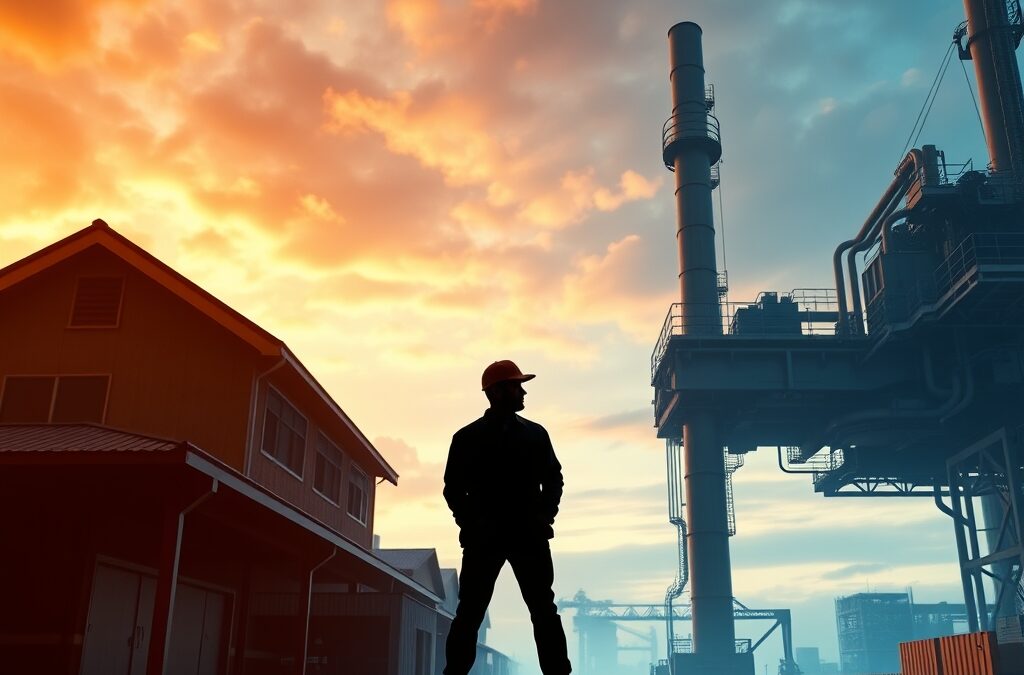 a silhouette of a worker standing at a crossroads between a traditional office and a futuristic automated factory with dramatic sky, cinematic editorial photography, amber warm and blue steel palette, no text no letters no words no writing no signs no labels no watermarks no logos no typography no numbers on surfaces