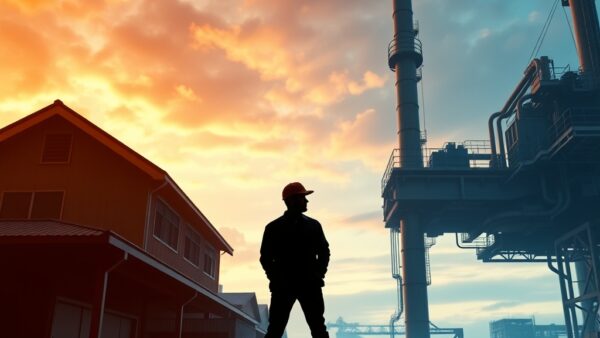 a silhouette of a worker standing at a crossroads between a traditional office and a futuristic automated factory with dramatic sky, cinematic editorial photography, amber warm and blue steel palette, no text no letters no words no writing no signs no labels no watermarks no logos no typography no numbers on surfaces