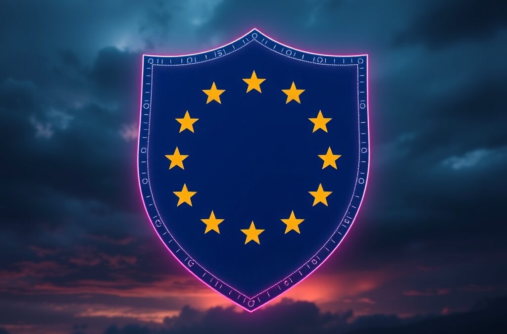 a European flag transforming into a digital shield with AI circuitry patterns glowing against a stormy sky background, cinematic editorial photography, rose deep and blue night palette, no text no letters no words no writing no signs no labels no watermarks no logos no typography no numbers on surfaces