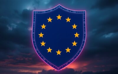 a European flag transforming into a digital shield with AI circuitry patterns glowing against a stormy sky background, cinematic editorial photography, rose deep and blue night palette, no text no letters no words no writing no signs no labels no watermarks no logos no typography no numbers on surfaces