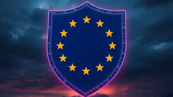 a European flag transforming into a digital shield with AI circuitry patterns glowing against a stormy sky background, cinematic editorial photography, rose deep and blue night palette, no text no letters no words no writing no signs no labels no watermarks no logos no typography no numbers on surfaces