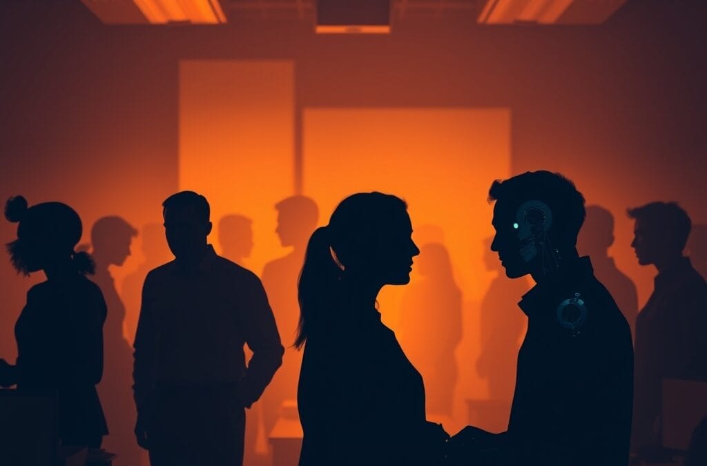 Illustration IA : travailleurs français avec silhouettes IA symbolisant l'emploi menacé
