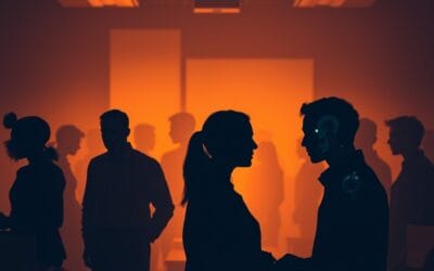 Illustration IA : travailleurs français avec silhouettes IA symbolisant l'emploi menacé