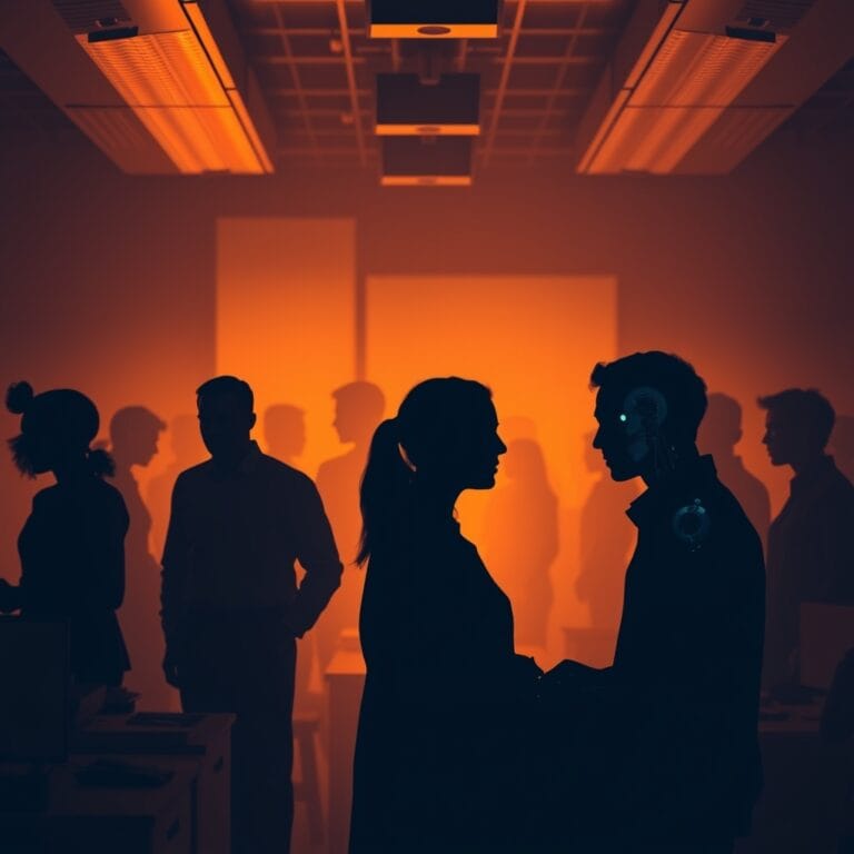 Illustration IA : travailleurs français avec silhouettes IA symbolisant l'emploi menacé
