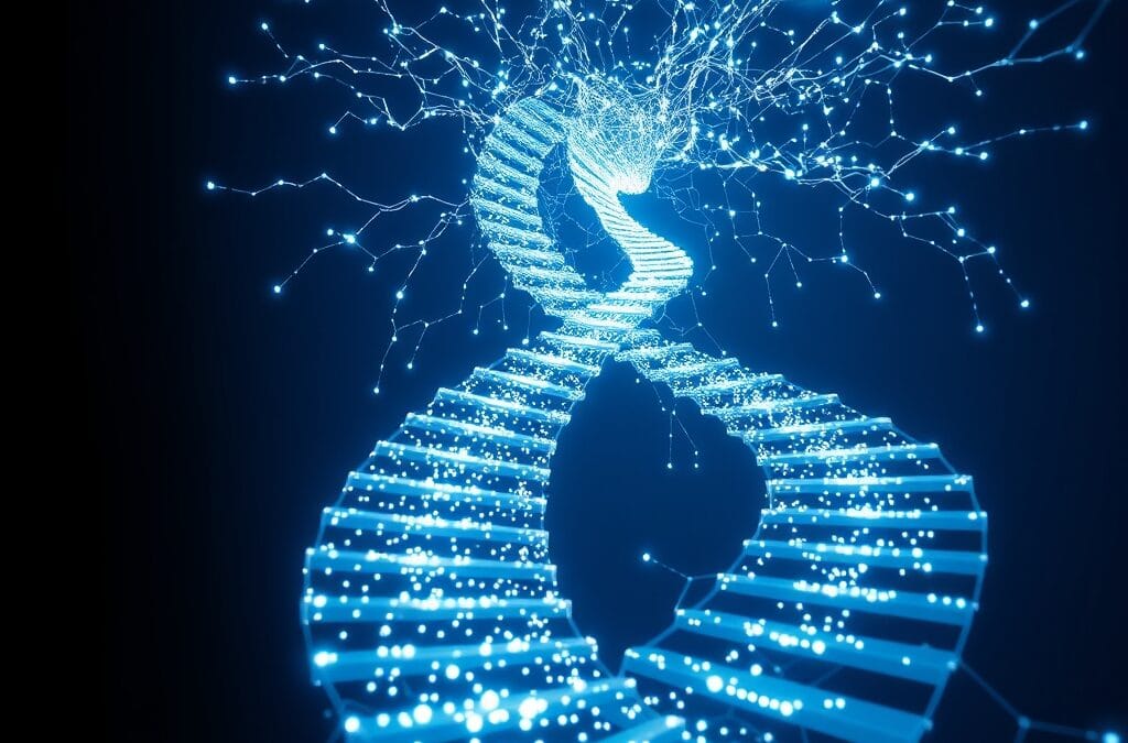 réseau neuronal luminescent avec données cascadant en spirale dorée, escaliers de machine learning ascendants, boussole d’entraînement, bleu glacier et blanc pur, cinematic editorial, no text no letters no words no writing no signs no labels no watermarks no logos no typography no numbers on surfaces