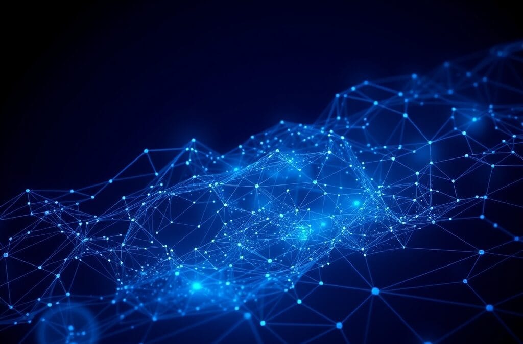 Cinematic editorial illustration of digital governance and European regulation, dark navy and blue color palette, abstract geometric patterns representing AI oversight, no text no letters no words no writing no signs no labels no watermarks no logos no typography no numbers on surfaces