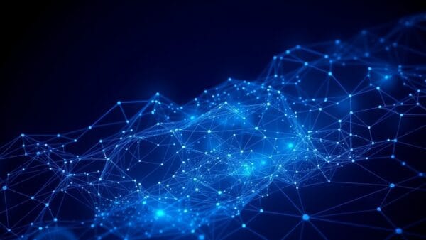 Cinematic editorial illustration of digital governance and European regulation, dark navy and blue color palette, abstract geometric patterns representing AI oversight, no text no letters no words no writing no signs no labels no watermarks no logos no typography no numbers on surfaces