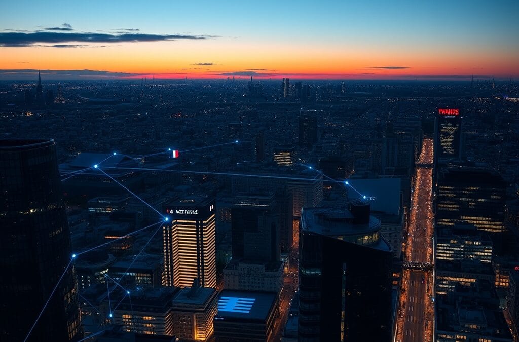 Illustration IA : skyline de Paris La Défense avec réseau IA holographique
