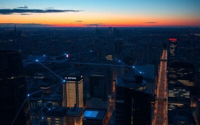 Illustration IA : skyline de Paris La Défense avec réseau IA holographique