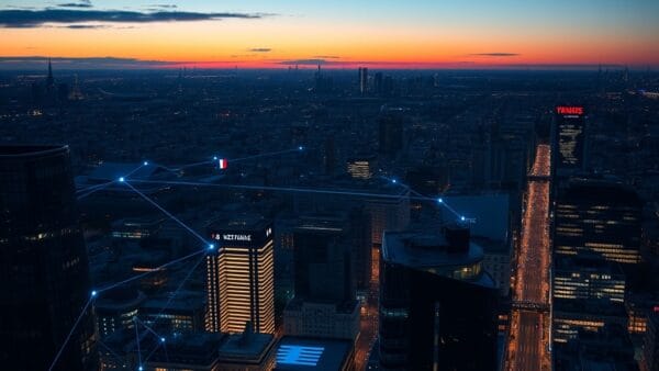 Illustration IA : skyline de Paris La Défense avec réseau IA holographique