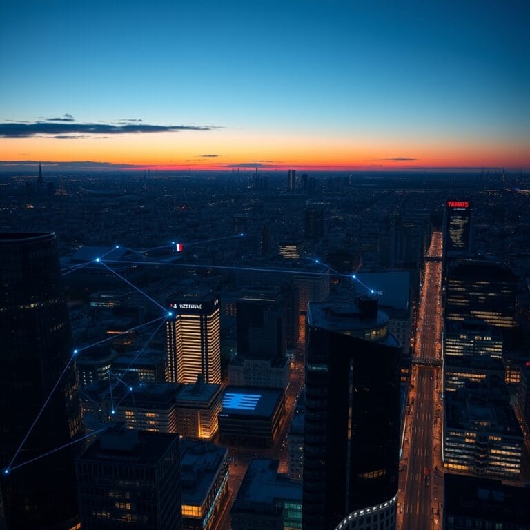Illustration IA : skyline de Paris La Défense avec réseau IA holographique