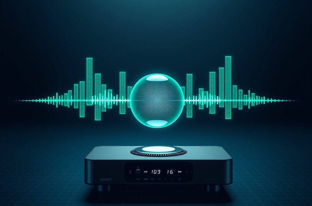 Futuristic holographic audio waveform visualization floating above a sleek device, emerald green and electric blue energy pulses radiating from a central glowing orb, cinematic editorial photography, dark navy background with subtle geometric grid pattern, dramatic volumetric lighting from above, subject centered in upper two-thirds with gradient fade to dark at bottom, no text, no letters, no words, no writing, no signs, no labels, no watermarks, no logos, no typography, no numbers on surfaces