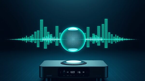 Futuristic holographic audio waveform visualization floating above a sleek device, emerald green and electric blue energy pulses radiating from a central glowing orb, cinematic editorial photography, dark navy background with subtle geometric grid pattern, dramatic volumetric lighting from above, subject centered in upper two-thirds with gradient fade to dark at bottom, no text, no letters, no words, no writing, no signs, no labels, no watermarks, no logos, no typography, no numbers on surfaces