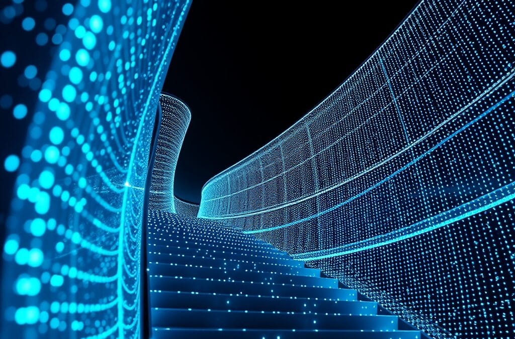 roues dentées massives avec données en cascade, 1 million de points lumineux bleus flottants, boussole d&rsquo;analyse brillante, escaliers ascendants, cinematic editorial, no text no letters no words no writing no signs no labels no watermarks no logos no typography no numbers on surfaces