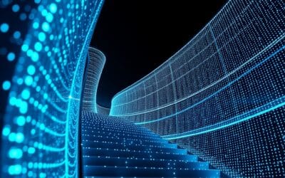 roues dentées massives avec données en cascade, 1 million de points lumineux bleus flottants, boussole d&rsquo;analyse brillante, escaliers ascendants, cinematic editorial, no text no letters no words no writing no signs no labels no watermarks no logos no typography no numbers on surfaces