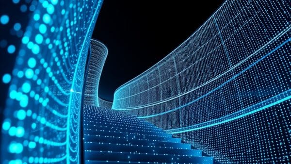 roues dentées massives avec données en cascade, 1 million de points lumineux bleus flottants, boussole d&rsquo;analyse brillante, escaliers ascendants, cinematic editorial, no text no letters no words no writing no signs no labels no watermarks no logos no typography no numbers on surfaces