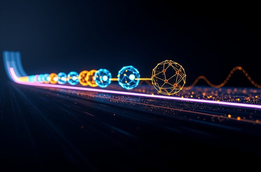 Abstract visualization of a competitive race between glowing orbs of different colors representing AI chatbots, institutional blue and gold energy trails, multiple luminous spheres converging on a finish line made of light particles, dynamic motion blur effect, scale showing exponential growth curves as light beams, cinematic editorial photography, dark navy background with dramatic lighting, no text, no letters, no words, no writing, no signs, no labels, no watermarks, no logos, no typography, no numbers on surfaces