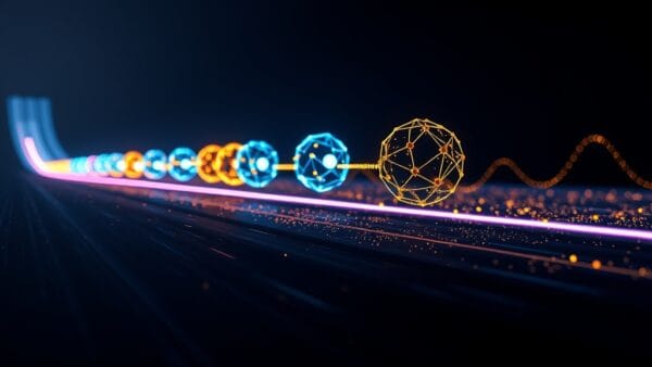 Abstract visualization of a competitive race between glowing orbs of different colors representing AI chatbots, institutional blue and gold energy trails, multiple luminous spheres converging on a finish line made of light particles, dynamic motion blur effect, scale showing exponential growth curves as light beams, cinematic editorial photography, dark navy background with dramatic lighting, no text, no letters, no words, no writing, no signs, no labels, no watermarks, no logos, no typography, no numbers on surfaces