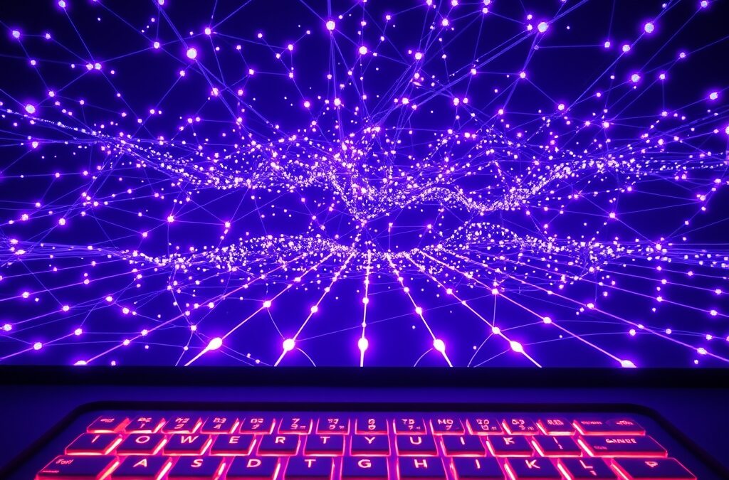 a vast constellation of glowing nodes forming a network above a stylized keyboard with light beams, cinematic editorial photography, cyan neon and violet palette, no text no letters no words no writing no signs no labels no watermarks no logos no typography no numbers on surfaces