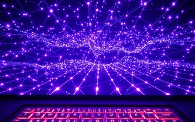 a vast constellation of glowing nodes forming a network above a stylized keyboard with light beams, cinematic editorial photography, cyan neon and violet palette, no text no letters no words no writing no signs no labels no watermarks no logos no typography no numbers on surfaces