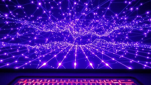 a vast constellation of glowing nodes forming a network above a stylized keyboard with light beams, cinematic editorial photography, cyan neon and violet palette, no text no letters no words no writing no signs no labels no watermarks no logos no typography no numbers on surfaces